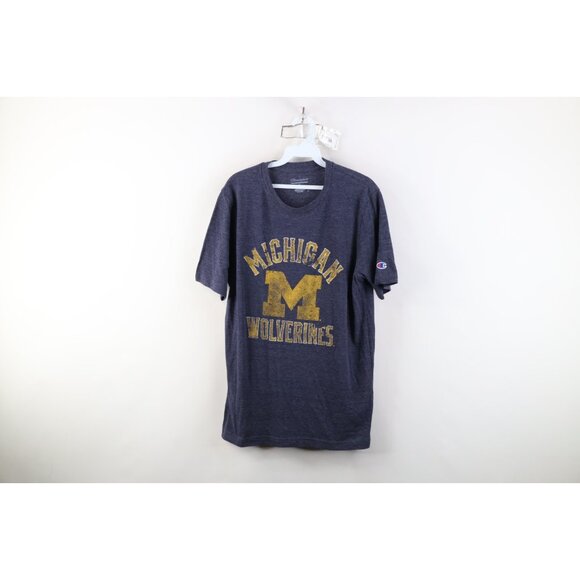 Retro Y2K Champion Mens Medium University of Michigan Jersey Knit T-Shirt Blue - Picture 1 of 13